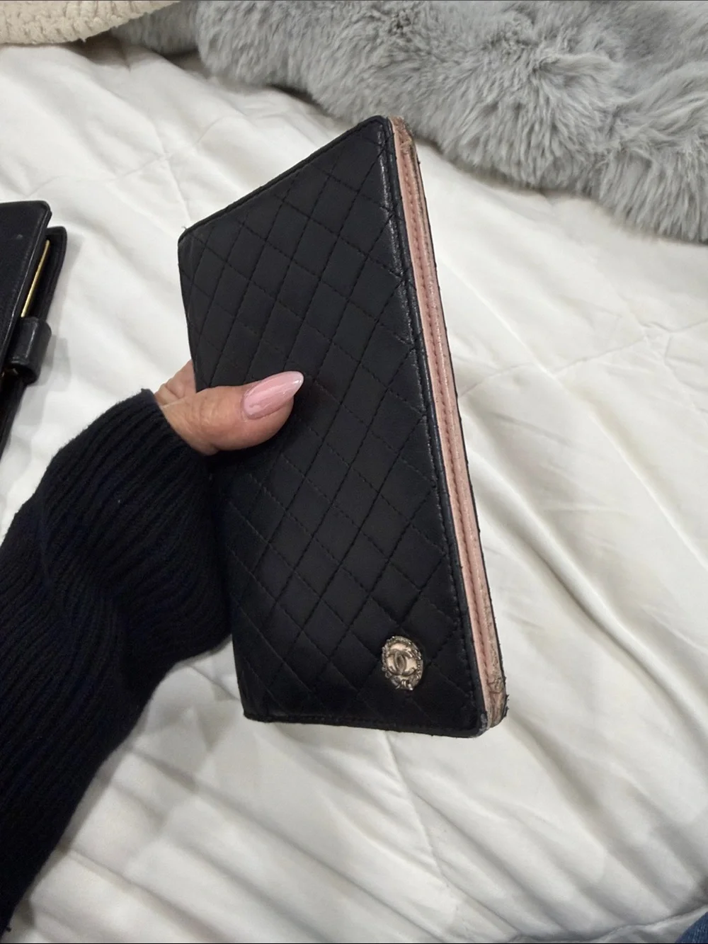 CHANEL Black Quilted Leather Long Wallet with Gold CC Emblem